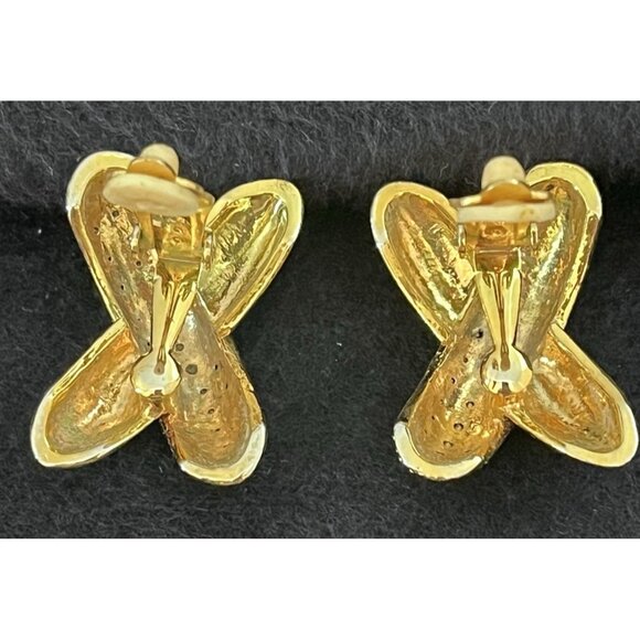 Vtg 90s Mogul gold tone & silver pave crystal designer inspired clip earrings - Picture 2 of 7